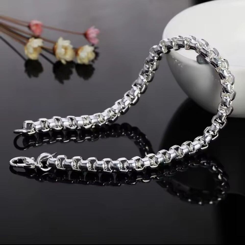 925 Sterling Silver Bracelet 4mm Round Box Chain Unisex Valentine Birthday Gift